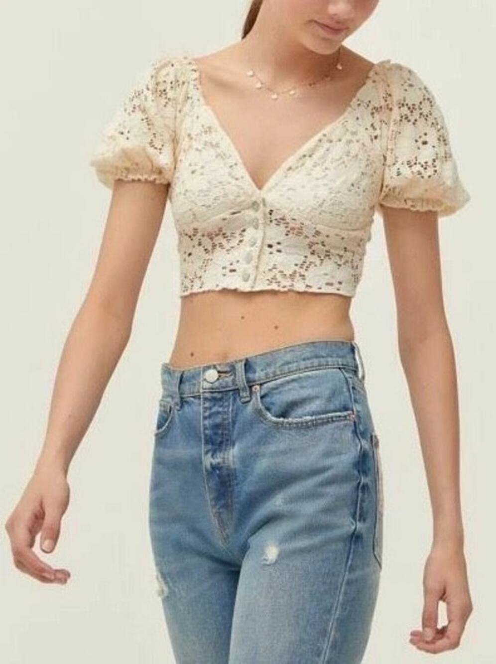 Urban Outfitters Forget Me Not Lace Puff Sleeve Boho Crop Top Cream Large